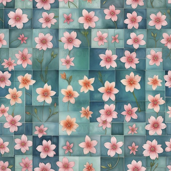 Delicate geometric pattern with pink flowers on teal tiles, offering a harmonious and serene look, Seamless pattern, AI generated