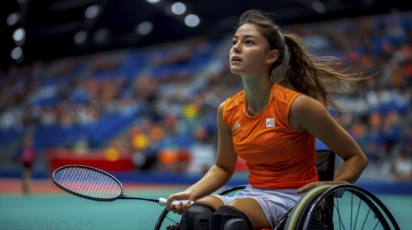 A wheelchair tennis player in an orange shirt looks focused while holding a badminton racket, ready to compete on an indoor court, AI generated