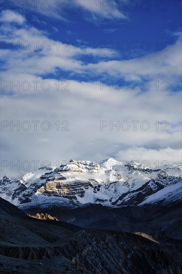 Himalayas snowcapped summit mountains in snow. Near Dhankar, Spiti Valley, Himachal Pradesh, India, Asia