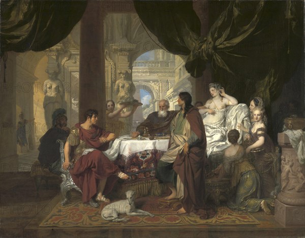 Cleopatra made a bet with Mark Antony as to who would give the most lavish banquet. She won by dissolving a priceless pearl in vinegar and then drinking the mixture, Pharaoh Cleopatra VII born 69 BC, died 12 August 30 BC, ruled Egypt as the last queen of the Macedonian-Greek dynasty of the Ptolemies from 51 BC to 30 BC, Mark Antony, was a Roman politician and general, Painting by Gerard de Lairesse, Historical, digital re