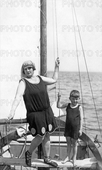 Mother and son on a sailing boat, summer holidays, holiday, joie de vivre, c. 1930s, Baltic Sea, Rügen, Mecklenburg-Western Pomerania, Germany, Europe