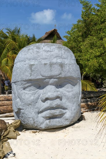 Recreation of historic Olmec colossoal head sculpture, Isla Mujeres, Caribbean Coast, Cancun, Quintana Roo, Mexico, Central America