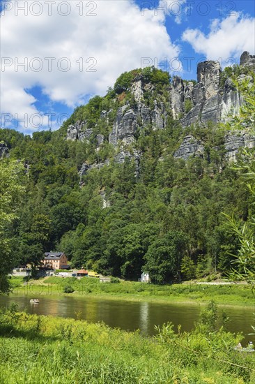 Elbe valley in Rathen with the Bastei rock, rubber dinghy tour on the Elbe