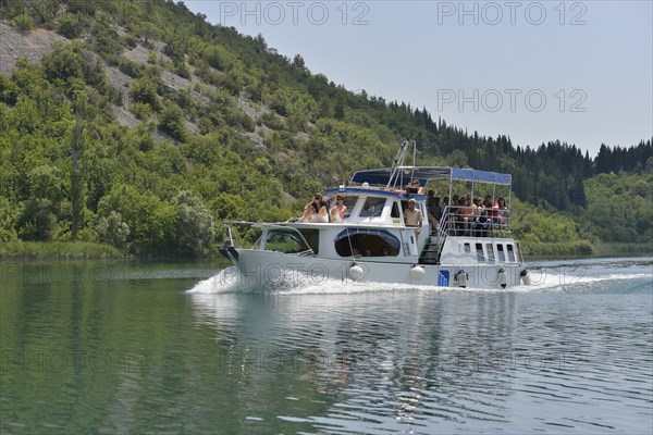 Excursion boat on the Krka River, Krka National Park, Šibenik-Knin County, Dalmatia, Croatia, Europe