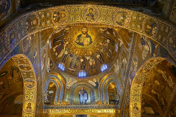 Medieval Byzantine style mosaics of the main aisle & dome of the Palatine Chapel, Cappella Palatina, Palermo, Italy, Europe