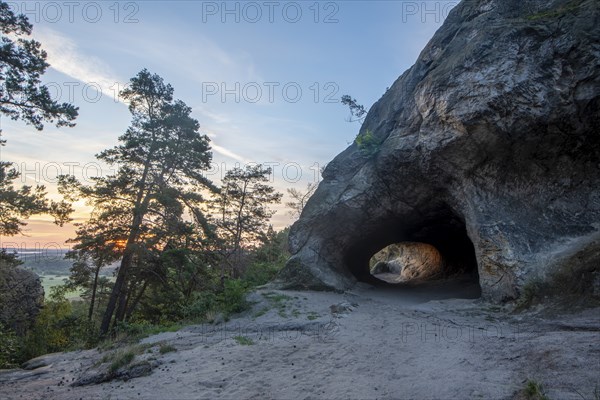 Sunrise at the Hamburg coat of arms, part of the Devil's Wall, sandstone cave, Timmenrode, Saxony-Anhalt, Germany, Europe