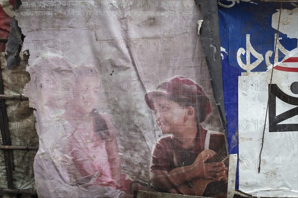 Detail of a makeshift dwelling made of plastic sheeting and bamboo sticks, Tejgaon Slum Area, Dhaka, Bangladesh, Asia