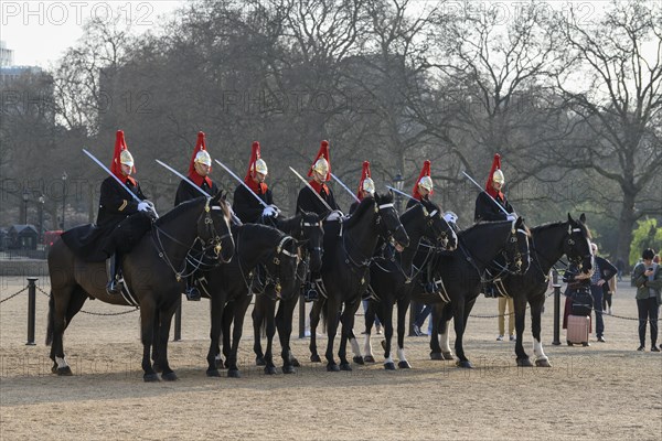 Parade of Horse Guards, soldiers of the Household Cavalry Mounted Regiment, White Hall, Westminster, London, England, Great Britain