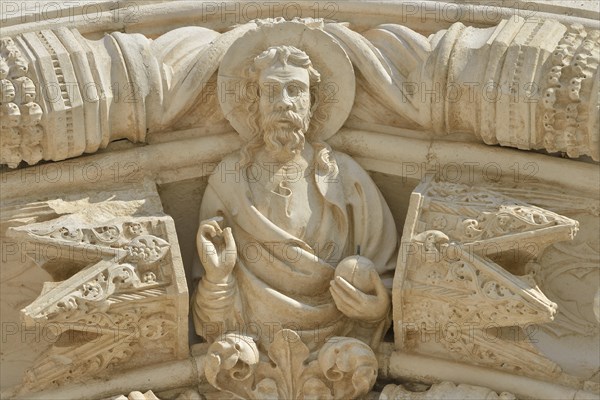 Depiction of Jesus at the entrance, Šibenik Cathedral or Katedrala sv. Jakova, Unesco World Heritage Site, Šibenik, Dalmatia, Croatia Cathedral