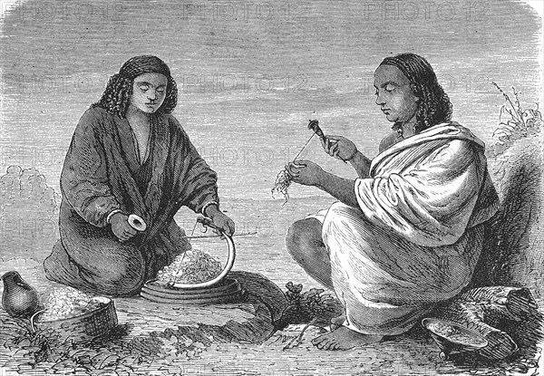 Abyssinia, a woman from Galla and a woman from Gondar spinning wool, 1869, Ethiopia, Historic, digitally restored reproduction of a 19th century original, exact original date unknown, Africa