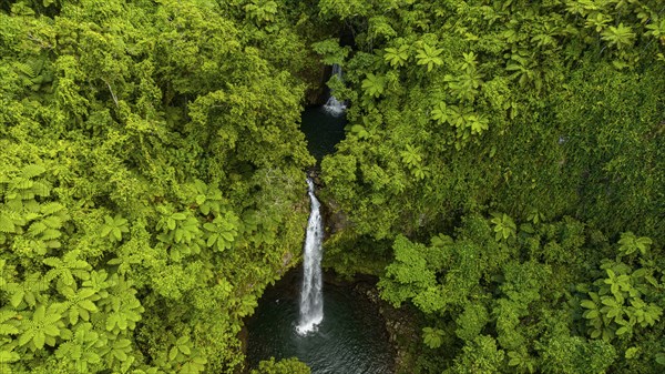 Aerial of the Tavoro Falls, Bouma National Park, Taveuni, Fiji, South Pacific, Oceania