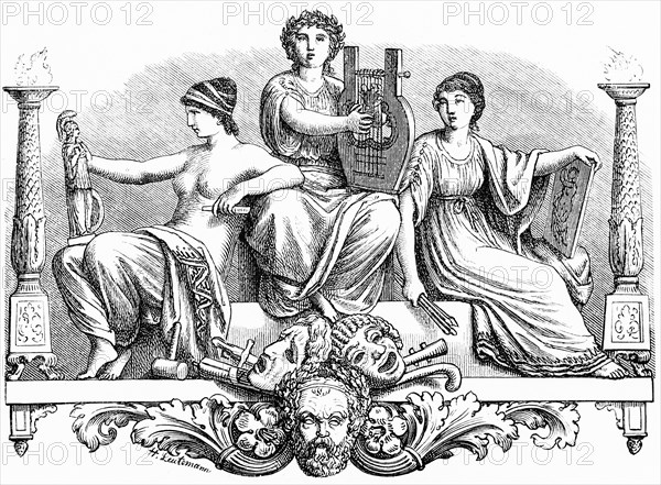 Introductory Emblem to Significant Women of the Past, Scenes of Mythology, Stringed Instrument, Lyre, Columns, Incense, Heads, Ornaments, Robes, Symbolism, Loorbe Wreath, Sitting, History, Historical Illustration 1894