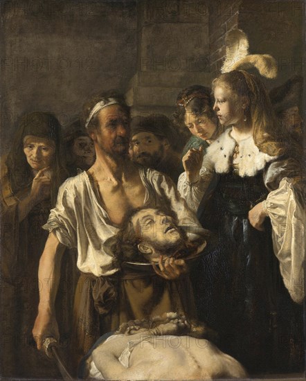 Salome receives the head of John the Baptist, painting by Rembrandt van Rijn (1606) (1669), Historic, digitally enhanced reproduction of an original from the period