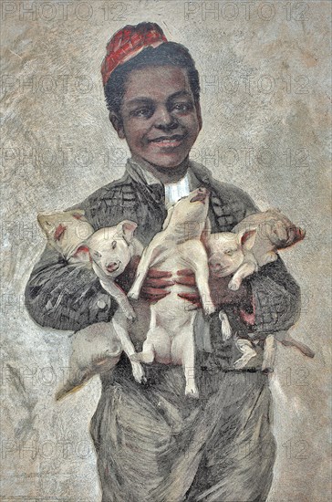 Negro boy with piglets for good luck. Art supplement in the Zur Guten Stunde 1897, after a painting by Alfred Schwarz, I congratulate you, Historic, digitally restored reproduction of a 19th century original, exact original date unknown