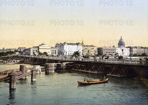 Dwortzowi, Dvortsovyi, Bridge and Admiralty Quay, St. Petersburg, Russia, c. 1890, Historic, digitally enhanced reproduction of a photochrome print of the period, Europe