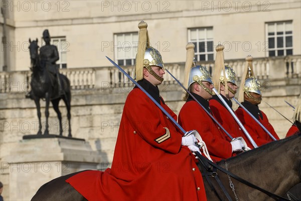 Parade of Horse Guards, soldiers of the Household Cavalry Mounted Regiment, White Hall, Westminster, London, England, Great Britain