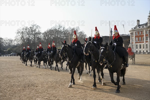 Parade of Horse Guards, soldiers of the Household Cavalry Mounted Regiment, White Hall, Westminster, London, England, Great Britain