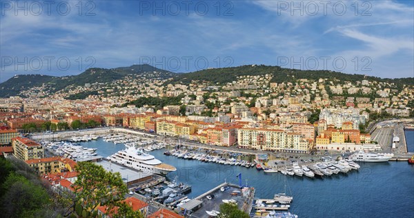 Panorama of Old Port of Nice with luxury yacht boats from Castle Hill, France, Villefranche-sur-Mer, Nice, Cote d'Azur, French Riviera, Europe