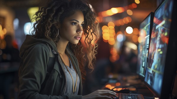 Busy young african american girl working on a computer in an office setting. generative AI