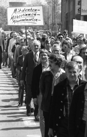 Fear of losing their jobs due to the merger of Hoesch AG with the Dutch steel company Hoogovens drove the steelworkers of the Phoenix plant onto the streets to protest on 15 May 1979 in Dortmund-Hoerde, Germany, Europe