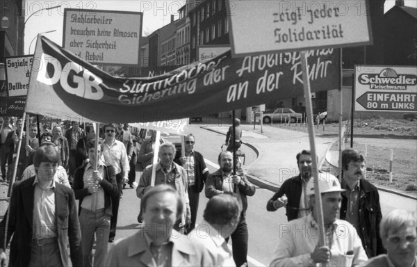 Fear of losing their jobs due to the merger of Hoesch AG with the Dutch steel company Hoogovens drove the steelworkers of the Phoenix plant onto the streets to protest on 15 May 1979 in Dortmund-Hoerde, Germany, Europe