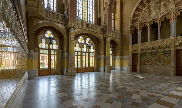 Interior view of the hall and corridors in the main building in the Hospital de la Santa Creu i Sant Pau by architect Lluís Domènech i Montaner, Barcelona, Catalonia