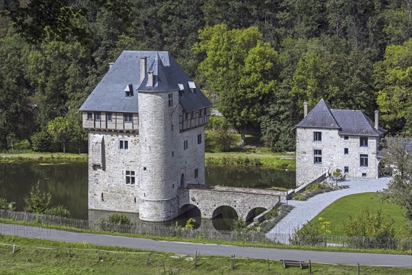 13th century Château des Carondelet, medieval moated donjon in the village Crupet, Assesse, province of Namur, Belgian Ardennes, Wallonia, Belgium, Europe