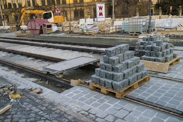 The historic Sohienstrasse in Dresden's Old Town, receives new tram tracks and a cobblestone pavement in keeping with its status as a listed building