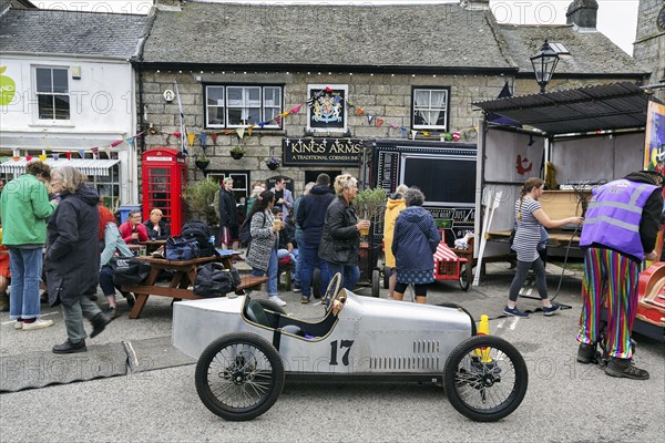 Traditional soapbox in front of crowd in town centre, Lafrowda Festival 2023, St Just in Penwith, Cornwall, England, United Kingdom, Europe