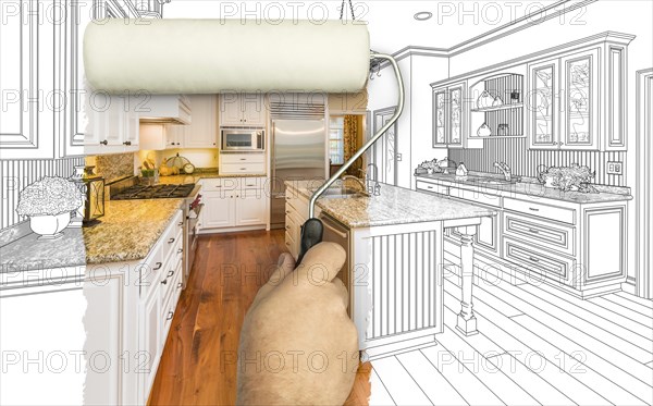 Before and after of man painting roller to reveal custom kitchen photograph under pencil sketch drawing plans