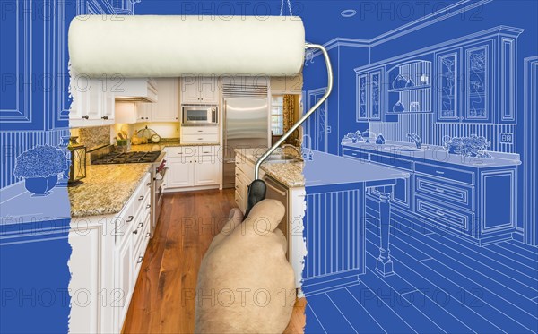 Before and after of man painting roller to reveal custom kitchen photograph under blueprint sketch drawing plans