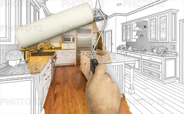 Before and after of man painting roller to reveal custom kitchen photograph under pencil sketch drawing plans