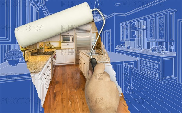 Before and after of man painting roller to reveal custom kitchen photograph under blueprint sketch drawing plans