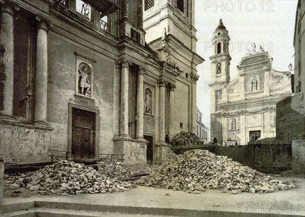 Church and rubble after earthquake, San Remo, Riviera, Italy, c. 1895, Historic, digitally restored reproduction from a 19th century original, Record date not stated, Europe