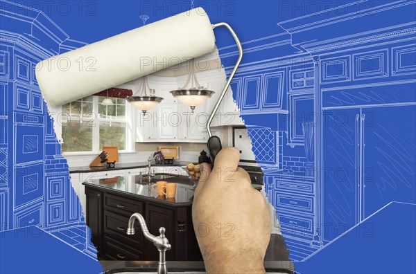 Before and after of man painting roller to reveal custom kitchen photograph under blueprint sketch drawing plans