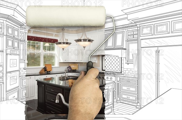 Before and after of man painting roller to reveal custom kitchen photograph under pencil sketch drawing plans