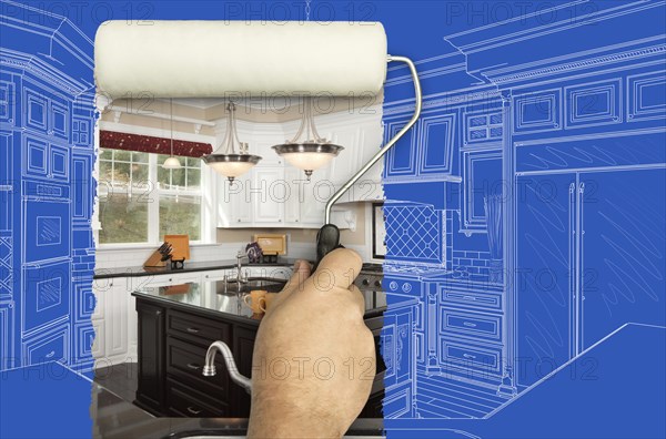 Before and after of man painting roller to reveal custom kitchen photograph under blueprint sketch drawing plans