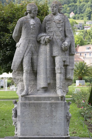 Monument to the Rakoczy spring discoverers Balthasar Neumann and Georg Anton Boxberger, spa garden, Heilbad Kissingen, Bad Kissingen, Lower Franconia, Bavaria, Germany, Europe