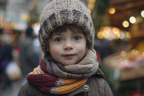 Oung boy child with winter clothes with knitted hat at christmas market. Generative Ai, AI generated