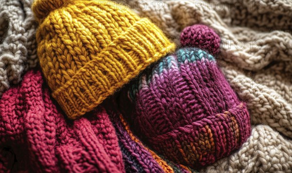 Vibrant knitted hats on a rustic wooden background AI generated