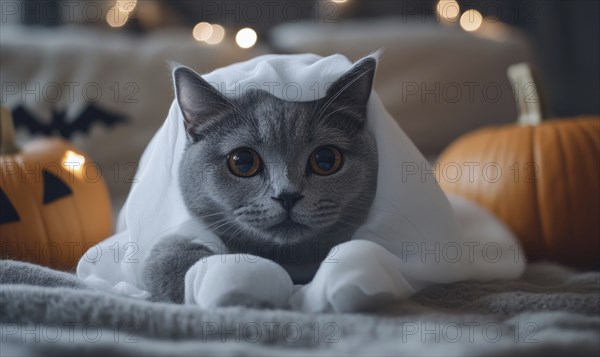 Close-up of a gray cat in a ghost costume, with soft shadows and Halloween decorations around AI generated