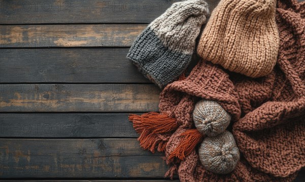 Vibrant knitted hats on a rustic wooden background AI generated