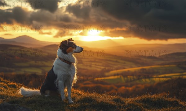 Collie standing on a hilltop, overlooking a valley at sunrise AI generated