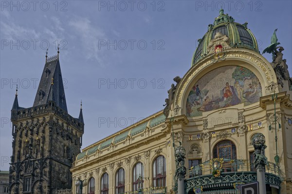 Ornate Smetana hall with a mosaic and a 15th gothic tower in Prague under a clear blue sky, Prague, Czech Republic, Europe