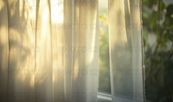 Delicate curtains, billowing softly, warm light filtering in shadows gently stretching across the fabric AI generated