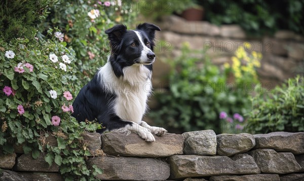 Collie sitting beside a stone wall in the countryside AI generated