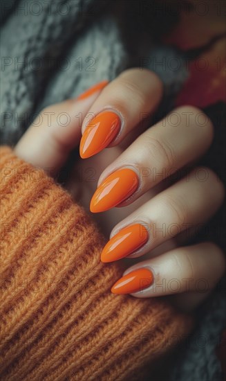 A close-up of a hand with vibrant orange nail polish and wearing a warm orange sweater creating a cozy autumn mood AI generated