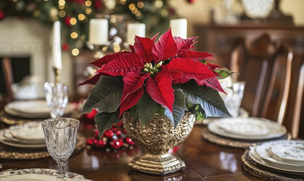 Festive table setting with a red poinsettia centerpiece, elegant glassware, and candles, creating a warm holiday atmosphere AI generated