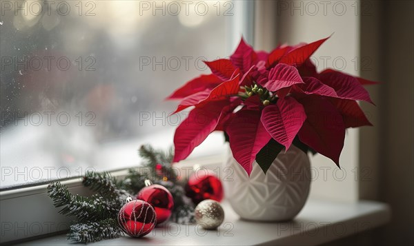 A red poinsettia plant sits on a windowsill next to a Christmas tree and a vase of red balls AI generated