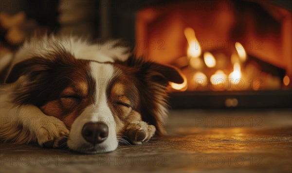 Collie lying down in front of a fireplace, cozy indoor setting AI generated